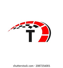 Sport Car Logo On Letter T Speed Concept. Car Automotive Template For Cars Service, Cars Repair With Speedometer T Letter Logo Design