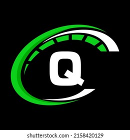 Sport Car Logo On Letter Q Speed Concept. Car Automotive Template For Car Service, Car Repair With Speedometer Q Letter Logo Design