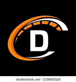 Sport Car Logo On Letter D Speed Concept. Car Automotive Template For Car Service, Car Repair With Speedometer D Letter Logo Design