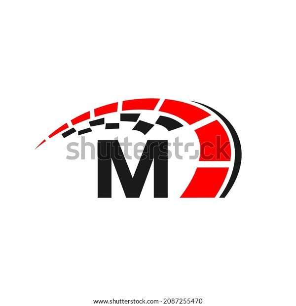 Sport Car Logo On Letter M Speed Concept. Car\
Automotive Template For Cars Service, Cars Repair With Speedometer\
M Letter Logo Design