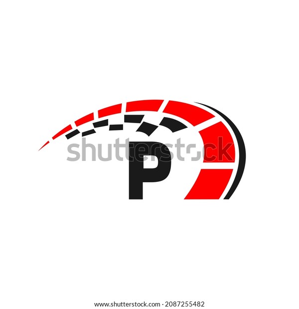 Sport Car Logo On Letter P Speed Concept. Car\
Automotive Template For Cars Service, Cars Repair With Speedometer\
P Letter Logo Design