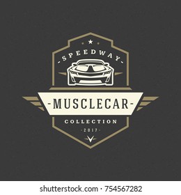 Sport car logo template vector design element vintage style for label or badge retro illustration. Classic car silhouette.