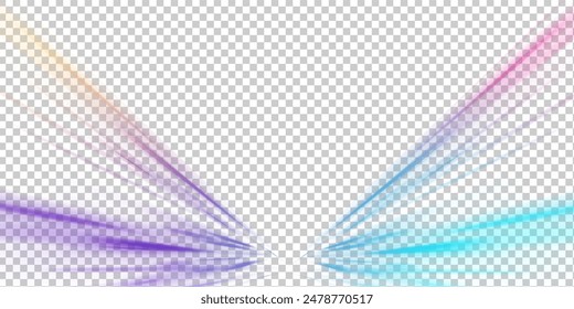 Sport car is made of polygons, lines and connected dots. Racing cars dynamic flash effects city road with long exposure night ligh. Vector PNG glitter light fire flare trace.