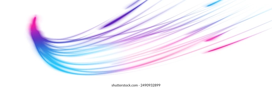 Sport car is made of polygons, lines and connected dots. Racing cars dynamic flash effects city road with long exposure night ligh. Vector PNG.	