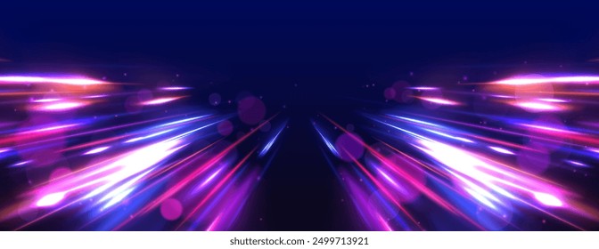 Sport car is made of polygons, lines and connected dots. Light trail wave, fire path trace line, car lights, optic fiber and incandescence curve twirl. High speed road in night time abstraction.	