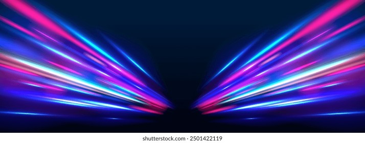 Sport car is made of polygons, lines and connected dots. Light trail wave, fire path trace line, car lights, optic fiber and incandescence curve twirl. High speed road in night time abstraction.	