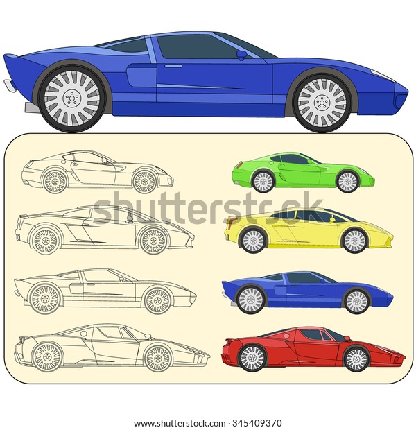 Sport car muscle  fast cars set coloring vector
illustration 