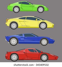 Sport car muscle super fast cars set color illustration 