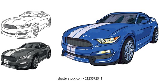 sport car Mustang with two white strips on car hood . Easy to use, editable and layered. Vector detailed muscle car isolated on white background, sketch automobile - Shutterstock ID 2123572541