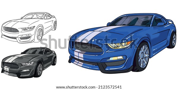 sport car Mustang with two\
white strips on car hood . Easy to use, editable and layered.\
Vector detailed muscle car isolated on white background, sketch\
automobile