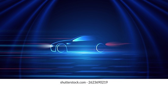 Sport car on hi-speed motion moving concept on dark blue background. Vector illustration