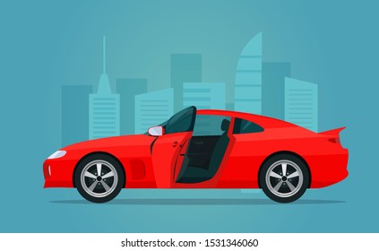 Sport Car With An Open Door On A Background Of Abstract Cityscape. Vector Flat Style Illustration.