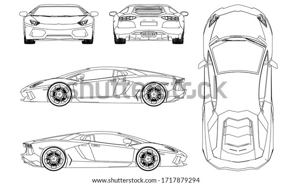 Sport car in outline. Sport\
vehicle template vector isolated on white. View front, back, side,\
top.