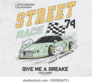 Sport car print design for t shirt print, poster, sticker, background and other uses. Fast wheels challenge. California street race design. Road speed graphic print. Extreme racing. 