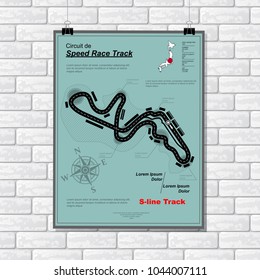 Sport car race plackard with road and text on white brick wall