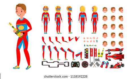 Sport Car Racer Male Vector. Red Uniform. Rally Race Car Driver. Animated Character Creation Set. Man Full Length, Front, Side, Back View. Auto Drawing Accessories, Emotions, Gestures. Illustration