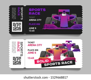 Sport car racing competition entering tickets with bolid car illustration and bar code, layout template