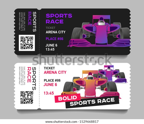 Sport car racing\
competition entering tickets with bolid car illustration and bar\
code, layout template