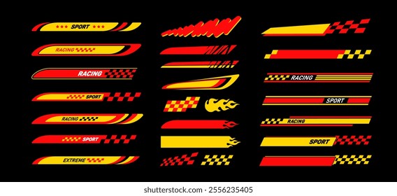 Sport Car racing decals, Аbstract wrap stickers of Red and Yellow stripes and flames , Racing flag livery vector template