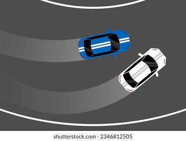 Sport Car Racing on Race Track Aerial View. Racing track with Racing Car.  Race track road. Vector Illustration.	