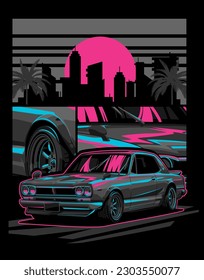 Sport Car Retro Neon Color Vector Illustration