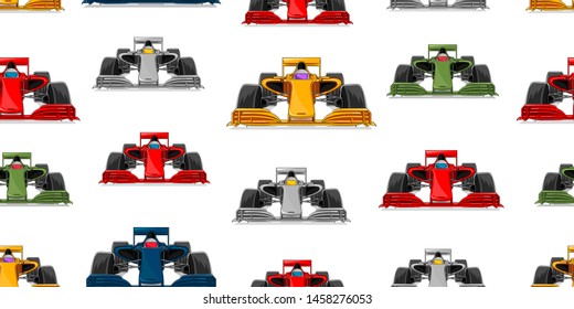 Sport car seamless pattern, modern racing cars front view repeated illustration in different colours, fabric or package backdrop