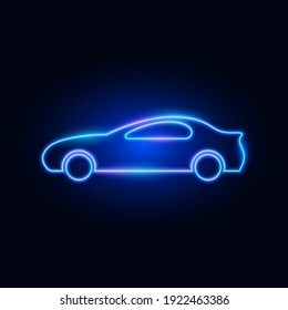 Sport car side view, neon glowing sign, vector illustration.