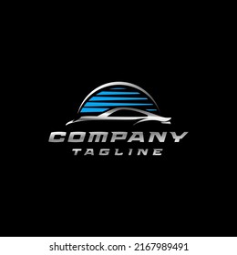 Sport Car Silhouette Logo Design With Blue Circle Stripes