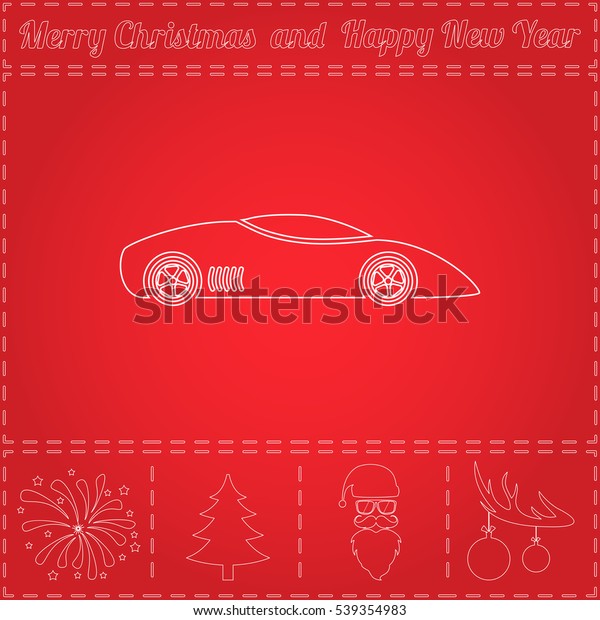 sport car Simple flat vector button. Thin\
line icon and bonus outline symbol for New Year - Santa Claus, Xmas\
Tree, Firework, Balls on deer\
antlers