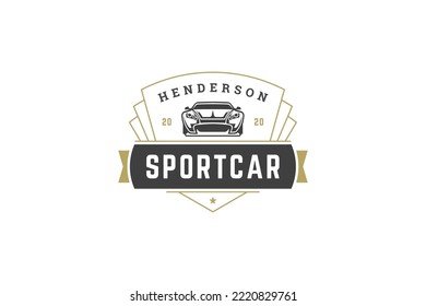 Sport car speed racing automobile repair service premium quality vintage logo design template vector illustration. Automotive transportation retail business medieval heraldic shield ribbon mark