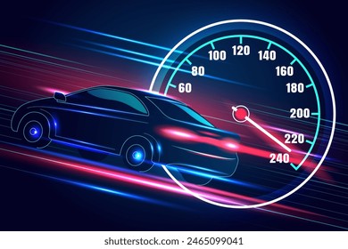 Velocímetro de coche deportivo para fondo de color azul oscuro. Diseño de movimiento de alta velocidad. Ilustración vectorial.