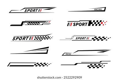 Aufkleber für Sportwagen. Rassenflagge. Markierung aktiviert. Rennstreifen. Rennsport Grafiken. Aufkleber Autoaufkleber Vorlage. Vektorgrafik