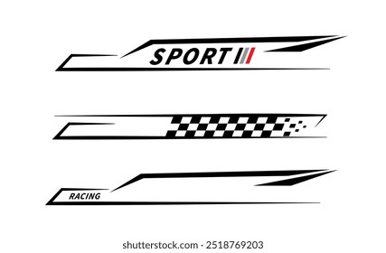Autocolantes de listras de carros esportivos. Listas de corrida. Bandeira de corrida. Sinalizador xadrez. Modelo de decalque de carro adesivos. Gráficos automotivos. Corrida esporte padrão quadriculado. Ilustração vetorial
