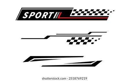 Sport car stripe stickers. Racing stripes. Race flag. Checkered flag. Stickers car decal template. Automotive graphics. Racing sport checkered pattern. Vector illustration