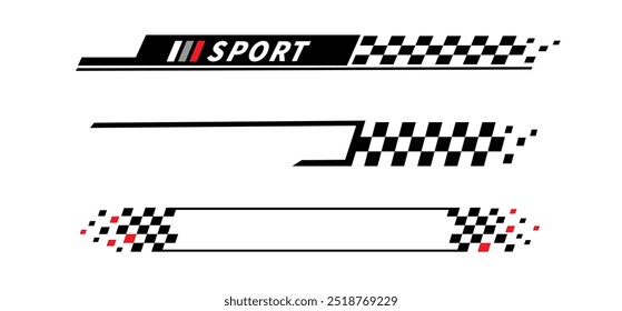 Sport car stripe stickers. Racing stripes. Race flag. Checkered flag. Stickers car decal template. Automotive graphics. Racing sport checkered pattern. Vector illustration