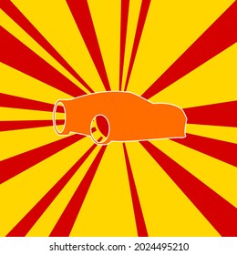 Sport car symbol on a background of red flash explosion radial lines. The large orange symbol is located in the center of the sun, symbolizing the sunrise. Vector illustration on yellow background