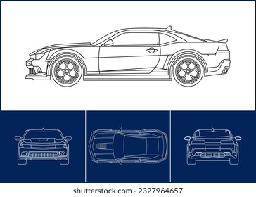 Sport Car template. Transportation outline stroke template. Blueprint layout. Wrap sticker, air brush, vynils, recolor project. Vector eps 10