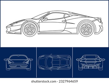 Sport Car template. Transportation outline stroke template. Blueprint layout. Wrap sticker, air brush, vynils, recolor project. Vector eps 10