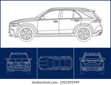 Plantilla de coche deportivo. Plantilla de trazo de contorno de transporte. Diseño de huella azul. Envolver pegatinas, cepillo de aire, velos, proyecto de recolección. Vector eps 10