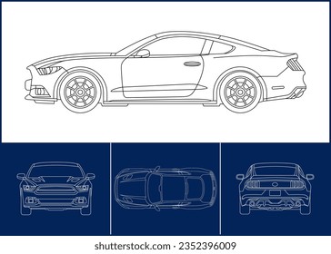 Plantilla de coche deportivo. Plantilla de trazo de contorno de transporte. Diseño de huella azul. Envolver pegatinas, cepillo de aire, velos, proyecto de recolección. Vector eps 10