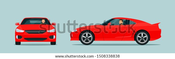 Sport car two angle set.\
Car with driver man side view and front view. Vector flat style\
illustration.
