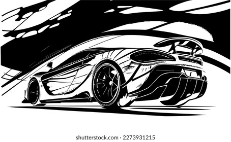 Ilustración de la línea negra del vector del coche deportivo aislado blanco. Dibujo artístico