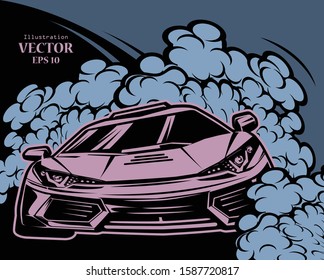 Sport car vector illustration. Drift show elements. Poster advertising for cars, motor racing.