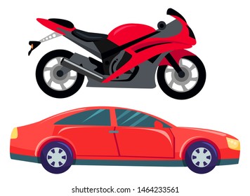 Sport car vector isolated transportation. Vehicle transport of cool modern type and shape. Motorbike and bike with seat, lorry. Buy new car and moto bike. Flat cartoon