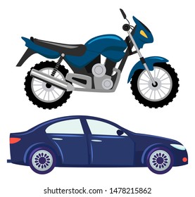 Sport car vector isolated transportation. Vehicle transport of cool modern type and shape. Motorbike and bike with seat, lorry. Buy new car and moto bike. Flat cartoon