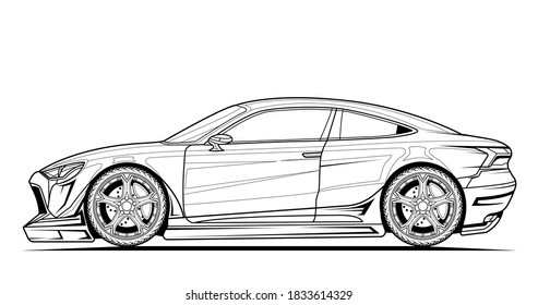 Sport car vector line illustration  Black contour sketch illustrate adult coloring page for book   drawing  High speed drive vehicle  Graphic element  wheel  Isolated white background 