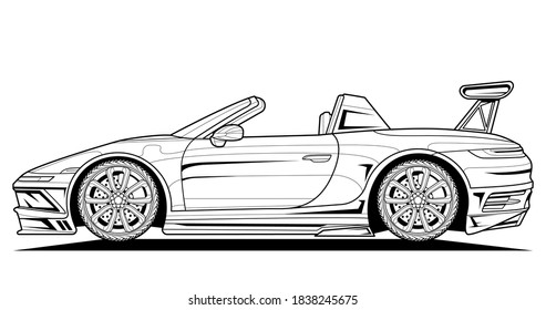 Sport car vector line illustration. Black contour sketch illustrate adult coloring page for book and drawing. High speed drive vehicle. Graphic element. wheel. Isolated on white background.