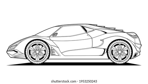 Sport car vector line illustration. Black contour sketch illustrate adult coloring page for book and drawing. High speed drive vehicle. Graphic element. wheel. Isolated on white background.