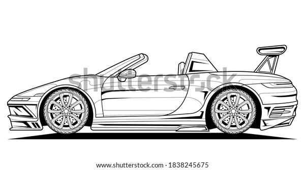 Sport car vector line illustration. Black\
contour sketch illustrate adult coloring page for book and drawing.\
High speed drive vehicle. Graphic element. wheel. Isolated on white\
background.