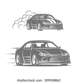 Sport car vector logo design. Street racing illustration. Drift show elements.